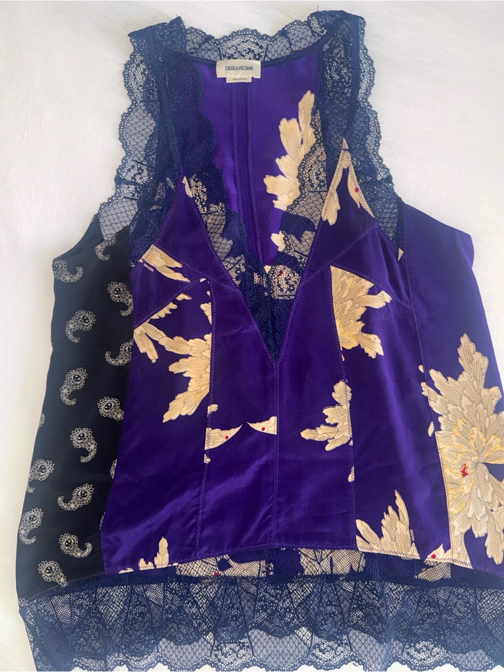 Zadig & Voltaire Purple and Gold Floral Lace-Trim Camisole Top XS